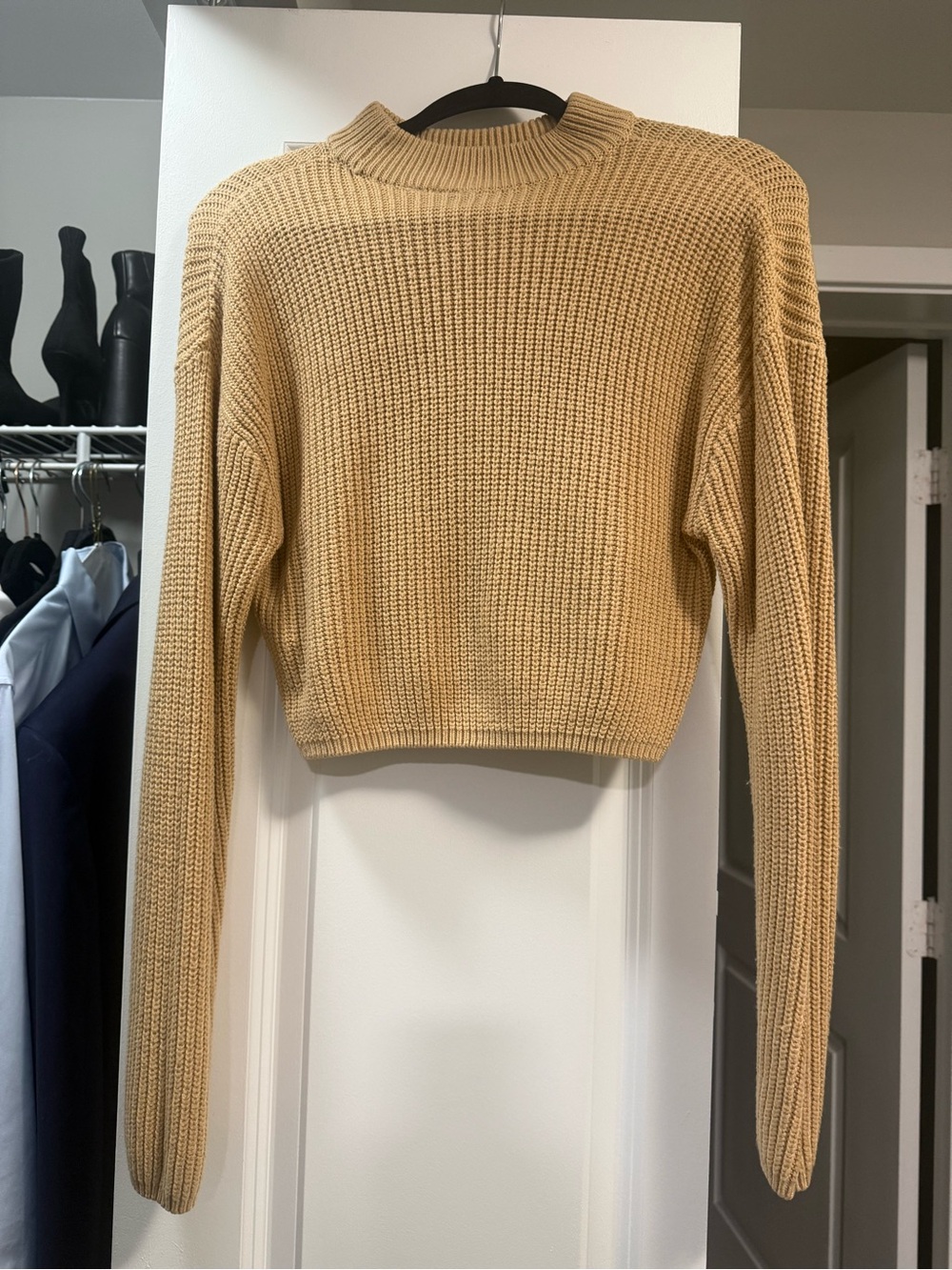 Divided Cropped Rib-Knit Sweater - Camel